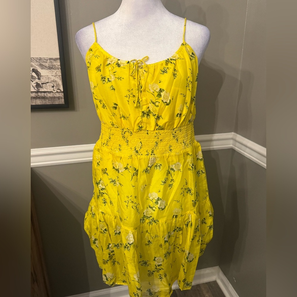 $395 Alice + Olivia Womens Yellow Smocked Waist Floral Cotton & Silk Dress Sz 10 - Picture 4 of 8
